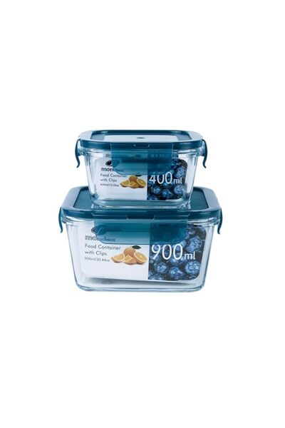 Generic Mondex 2Pcs 400ml & 900ml Square Borosilicate Glass Food Storage Container Lunch box With Blue Lid