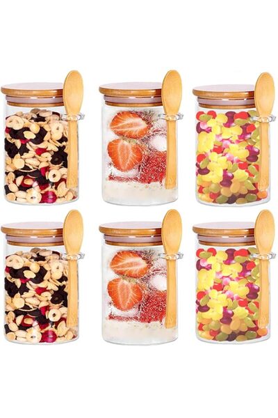 Generic MAMATOONS 6-Pack 450ml(15oz) Glass Jars With Aitight Bamboo Lids and Spoon, Overnight Oats Jars Sug