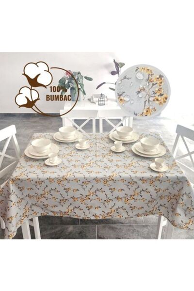 Ralex Stain-resistant tablecloth 100% Cotton 120 x 160 cm, Flowers and Branches Yellow