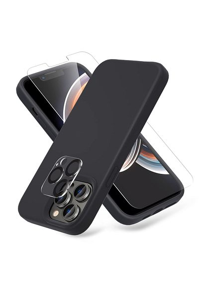 Generic iPhone 14 6.1" Slim Liquid Silicone Black Case Cover +2 Screen Protector +2 Camera Lens Protector