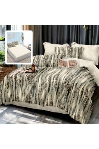 Ralex Double Bed Linen Finet Cotton 6 Pieces Including Fitted Sheet, Duvet, Pillowcases - Beige-Green