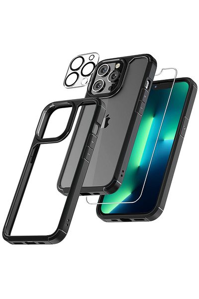 Generic iPhone 14Plus Black Border Clear Cover Case 6.7"+ 2 Screen Protector + 2 Camera Lens Protector