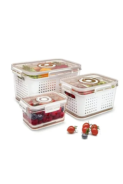 Generic GoodsTJ 3 Piece Food Storage Container Fridge Organizer Box Bins Set with Lids, Drain Basket and Di