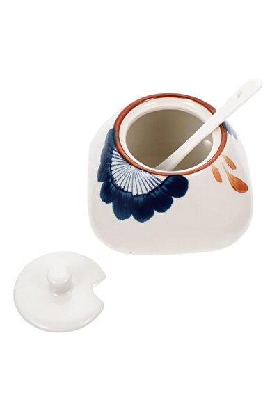 Generic برطمان توابل سيراميكي من أزوني مع غطاء وملعقة، علب تخزين سيراميكية، ب...