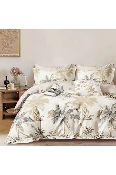 Ralex Lenjerie pat dublu extra large Percalle imprimat Bumbac 100%, 6 piese, Palmieri Bej, Pucioasa