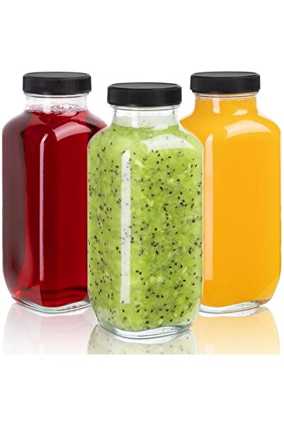 Generic زجاجات عصير زجاجية HOOJO® سعة 16 أونصة - عبوة من 3 عبوات زجاجية مربعة...