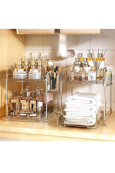 Generic Yoawllty Under Sink Organizer,2 Tier Bathroom Cabinet Organizer,Clear Organizers storage with Divid