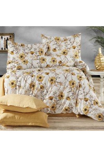 Ralex Double Bed Linen Set Ranforce Cotton 4 Pieces, White/Yellow, Pucioasa