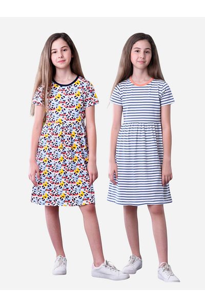 Victor and Jane By Styli Pack of 2 - All-Over Printed Short Sleeve A-Line Dress