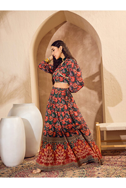 Sassafras By Styli Floral Print Collared Crop Top with Anarkali Skirt Co-Ords