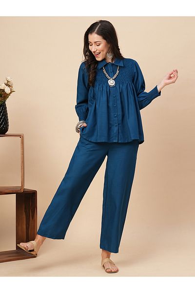 Globus By Styli Solid Smocked Detail Buttoned Shirt and Trousers Co-Ords