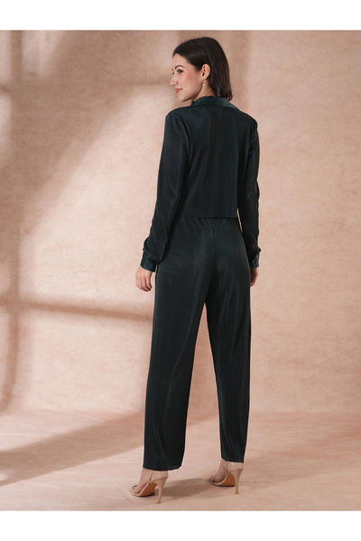 Globus By Styli Women Green Pleated Cinch Waist Shirt and Trousers Co-Ords