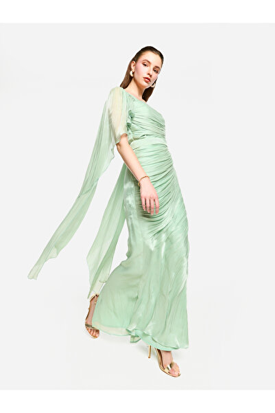 House of Moda By Styli Pleated Cape Sleeves Ruffled Detail Maxi Dress