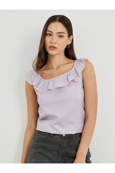Styli Striped Ruffled Neckline Sleeveless Top