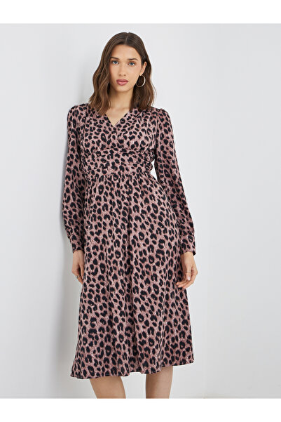 Styli Leopard Print V Neck A-Line Midi Dress