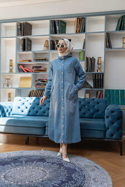 Neways 6329-Taşlı Denim Kapşonlu Kap Mavi