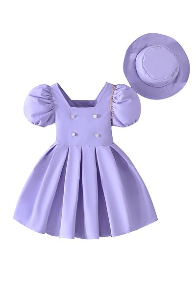 Styli Purple Box Pleated Puff Sleeve Dress with Hat