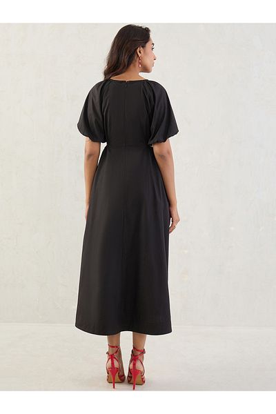 Styli Black Solid Poplin Cut Out A-Line Maxi Dress