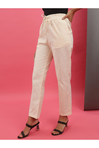 Freehand By Styli Women Cream Regular Fit Pants with Drawstring