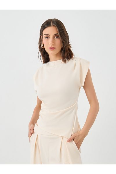 Styli Beige Asymmetric Hem Top and Wide Leg Pants Co-Ords