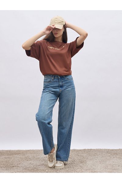 Styli Brown Slogan Print Oversized T-Shirt