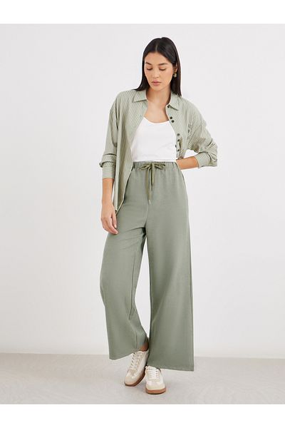 Styli Women Khaki Solid Drawstring Waist Wide Leg Pants
