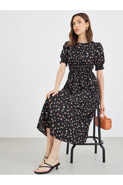 Styli Women Black Floral Print A-Line Midi Dress