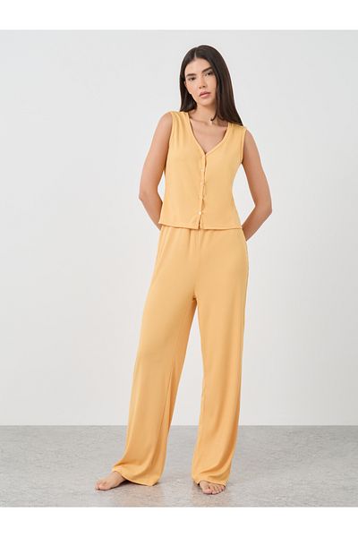 Styli Solid Sleeveless Rib Buttoned Top and Pyjama Set
