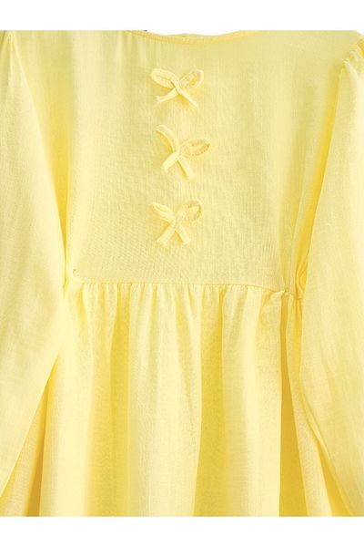 Modamorfo Muslin Dress with Bow Detail on the Front and Elastic Sleeves - Yellow