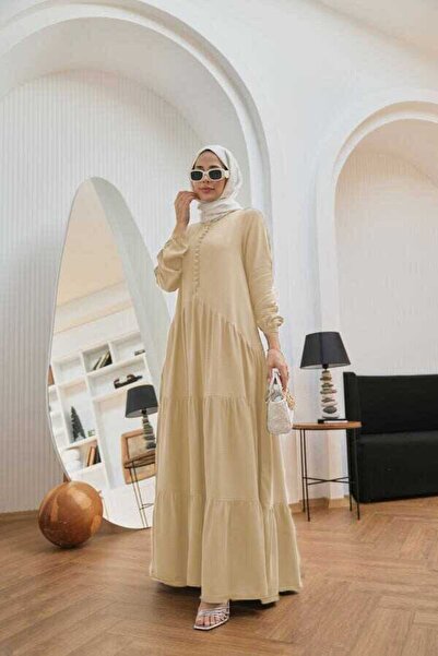 Neways 6646- Piece Paint Britli Buttoned Gathered Dress Beige