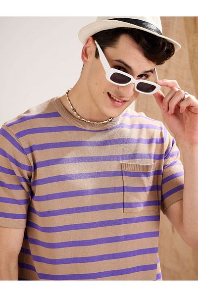 Mascln Sassafras By Styli Beige and Violet Striped Premium Knit Chest Pocket T-Shirt
