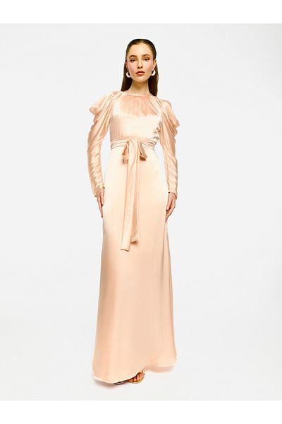 House of Moda By Styli Pleated Neckline Cold Shoulder Tie-Up Waist Maxi Dress
