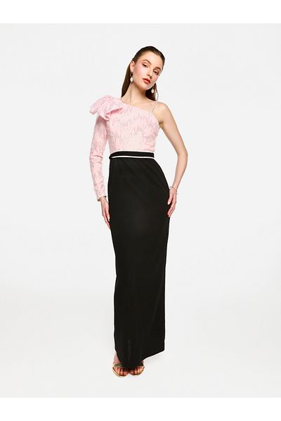 House of Moda By Styli Embellished One Shoulder Bow Detail Two Tone Maxi Dress