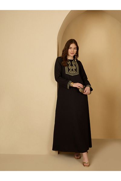 Styli Crepe Jalabiya with Gold Trim