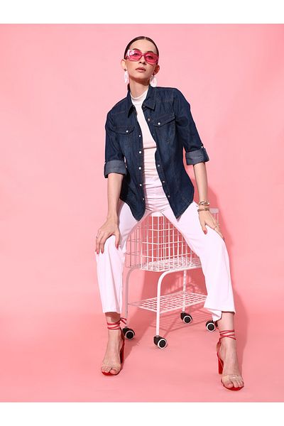 STREET 9 By Styli Women Dark Blue Faded Denim Shirt