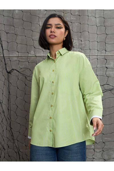 Sassafras By Styli Green and White Stripes Gold Buttons Oversized Shirt