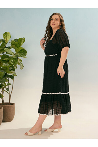 Sassafras By Styli Plus Black Dobby Smocked Midi Dress