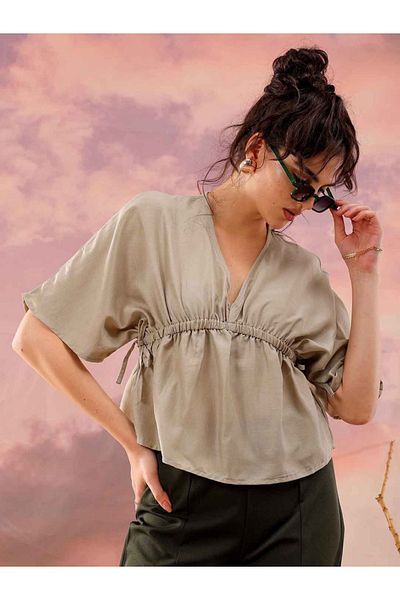 Freehand By Styli Women Grey Flared Top with Elastic Band Detail