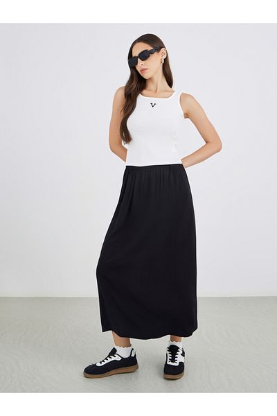 Styli Solid Viscose Elasticated Waistband Midi Skirt