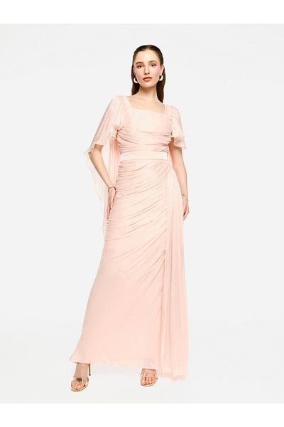 House of Moda By Styli Pleated Cape Sleeves Ruffled Detail Maxi Dress