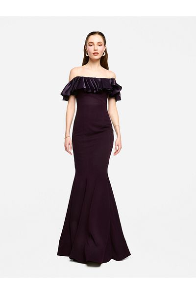 House of Moda By Styli Off Shoulder Ruffled Detail Mermaid Hem Maxi Dress