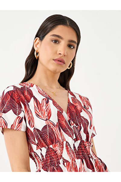 Styli All-Over Print V-Neck Smocking Detail Midi Dress
