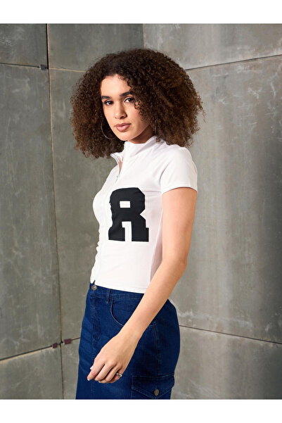 Sassafras By Styli White Front Zipper Initial Print Fitted T-Shirt