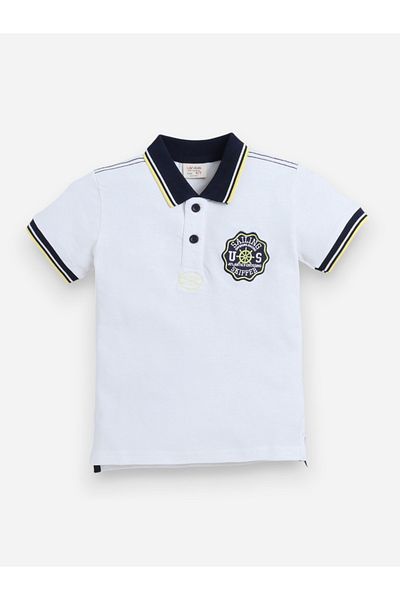 Victor and Jane By Styli Boys White Embroidered Detail Short Sleeve Polo T-Shirt