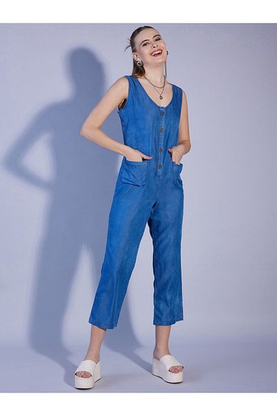 Freehand By Styli Women Blue Denim Slim Fit Jumpsuit with Scoop Neck
