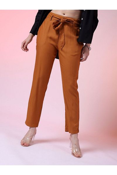Freehand By Styli Women Rust Tapered Pants with Tie Belt