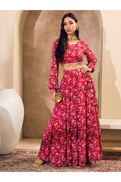 Sassafras By Styli Red Floral Print Round Neck Crop Top with Anarkali Skirt Co-Ords