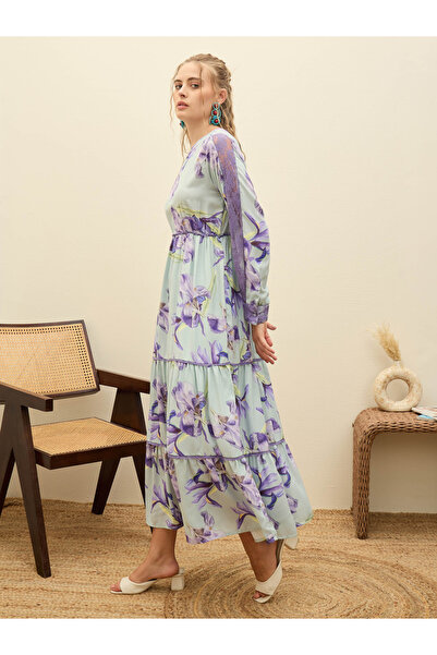 Sassafras By Styli Green Floral Lace Insert Tiered Maxi Dress