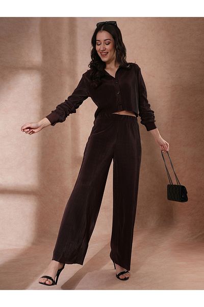 Globus By Styli Textured Striped Buttoned Crop Shirt with Elasticated Waist Trousers Co-Ords