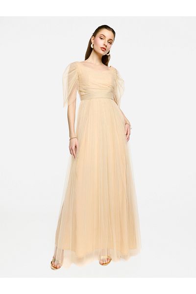 House of Moda By Styli Puff Sleeves Pleated Tulle Maxi Dress
